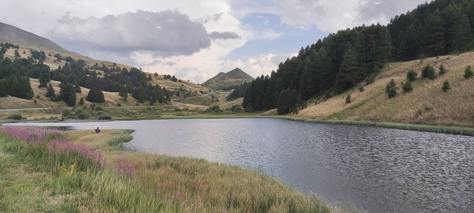 Lac de montagne entouré de prairies et de fleurs en France