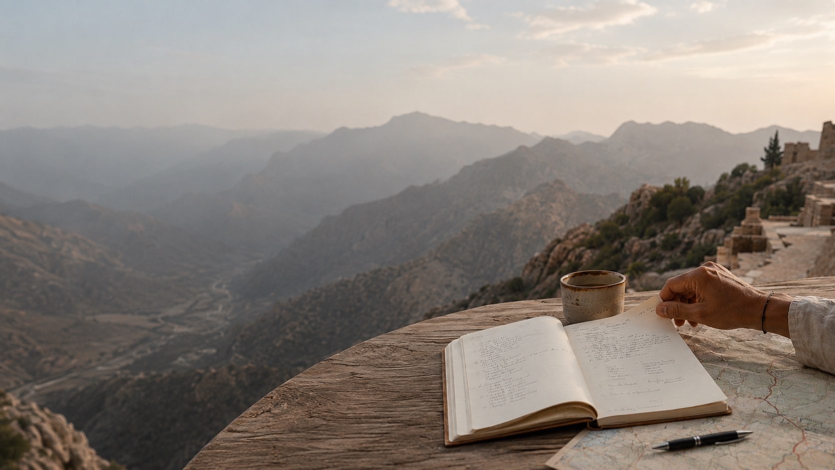 Carnet ouvert et carte d’itinéraire sur une table face aux montagnes d’Oman
