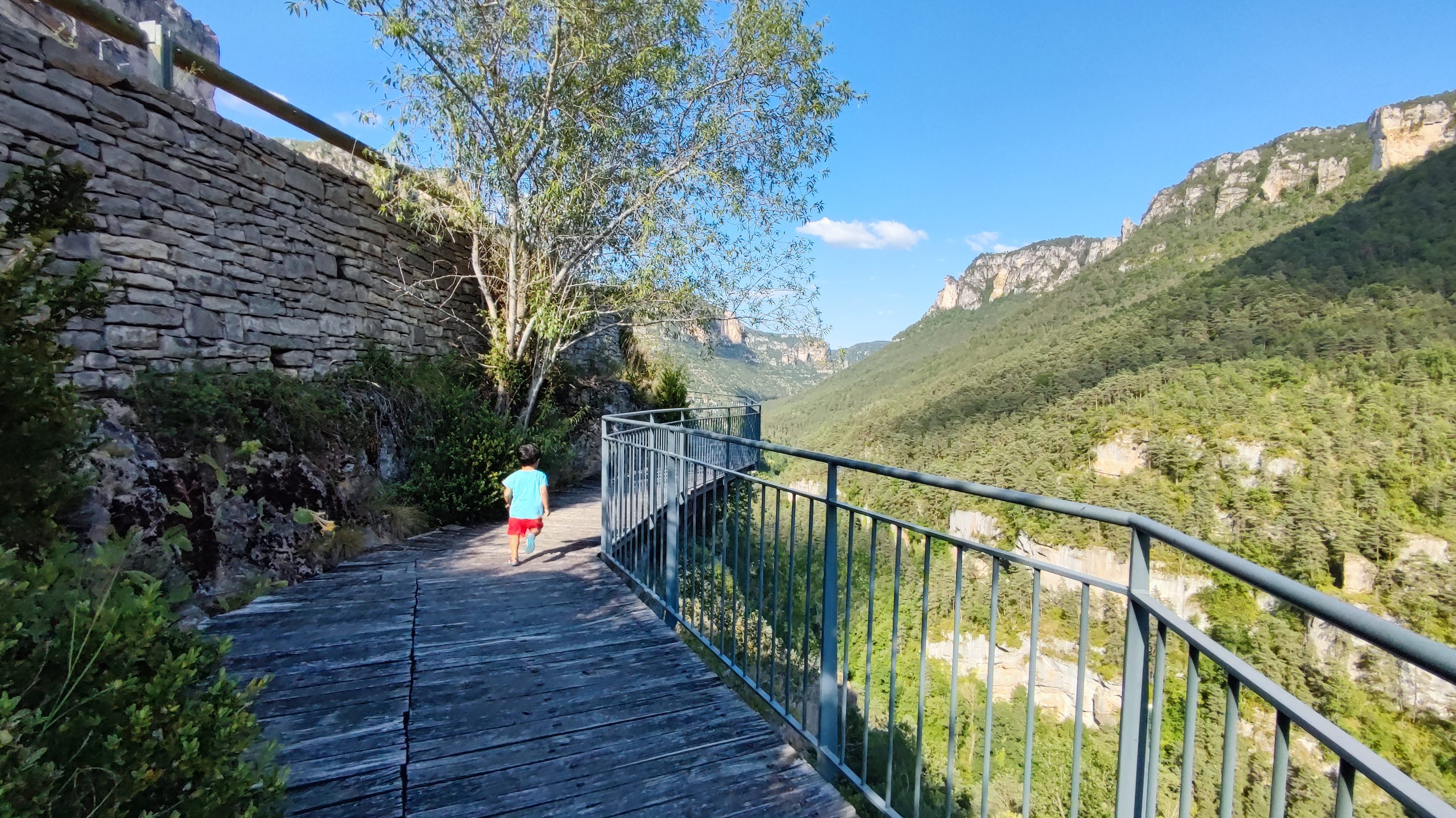 Enfant courant sur une passerelle au-dessus d’une vallée de montagne